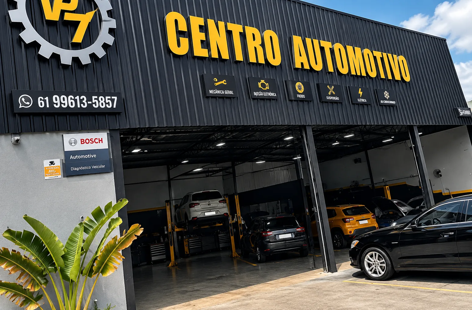 Fachada da VP7 Centro Automotivo em Vicente Pires, com a logo e o letreiro Centro Automotivo e carros na área de serviço