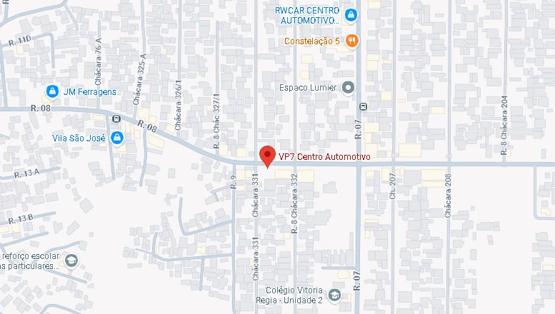 Mapa mostrando a VP7 Centro Automotivo na Rua 8, entre as Chácaras 331 e 332, em Vicente Pires